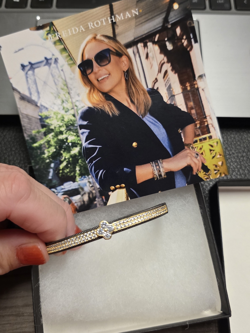NWT Freida Rothman Signature Pavé Clover Hinge Bangle Bracelet Black Gold- Brass